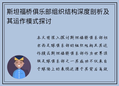 斯坦福桥俱乐部组织结构深度剖析及其运作模式探讨
