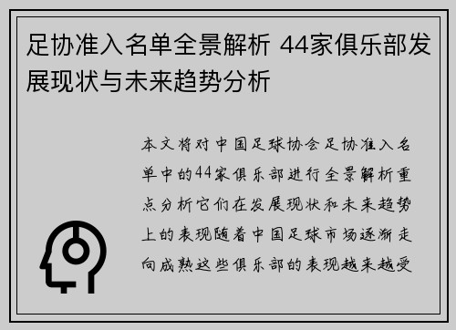 足协准入名单全景解析 44家俱乐部发展现状与未来趋势分析