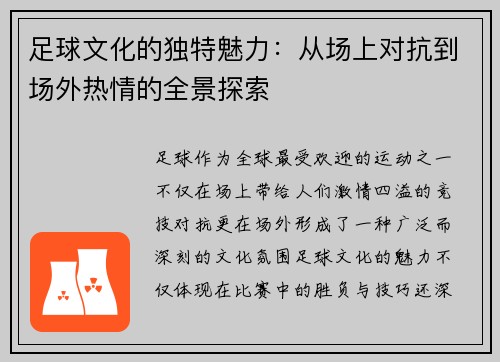 足球文化的独特魅力：从场上对抗到场外热情的全景探索