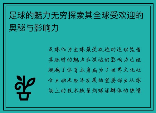 足球的魅力无穷探索其全球受欢迎的奥秘与影响力 足球的魅力无穷探索其全球受欢迎的奥秘与影响力